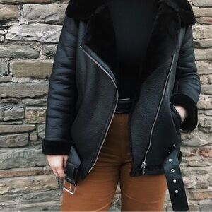 ZARA faux fur lined black leather jacket